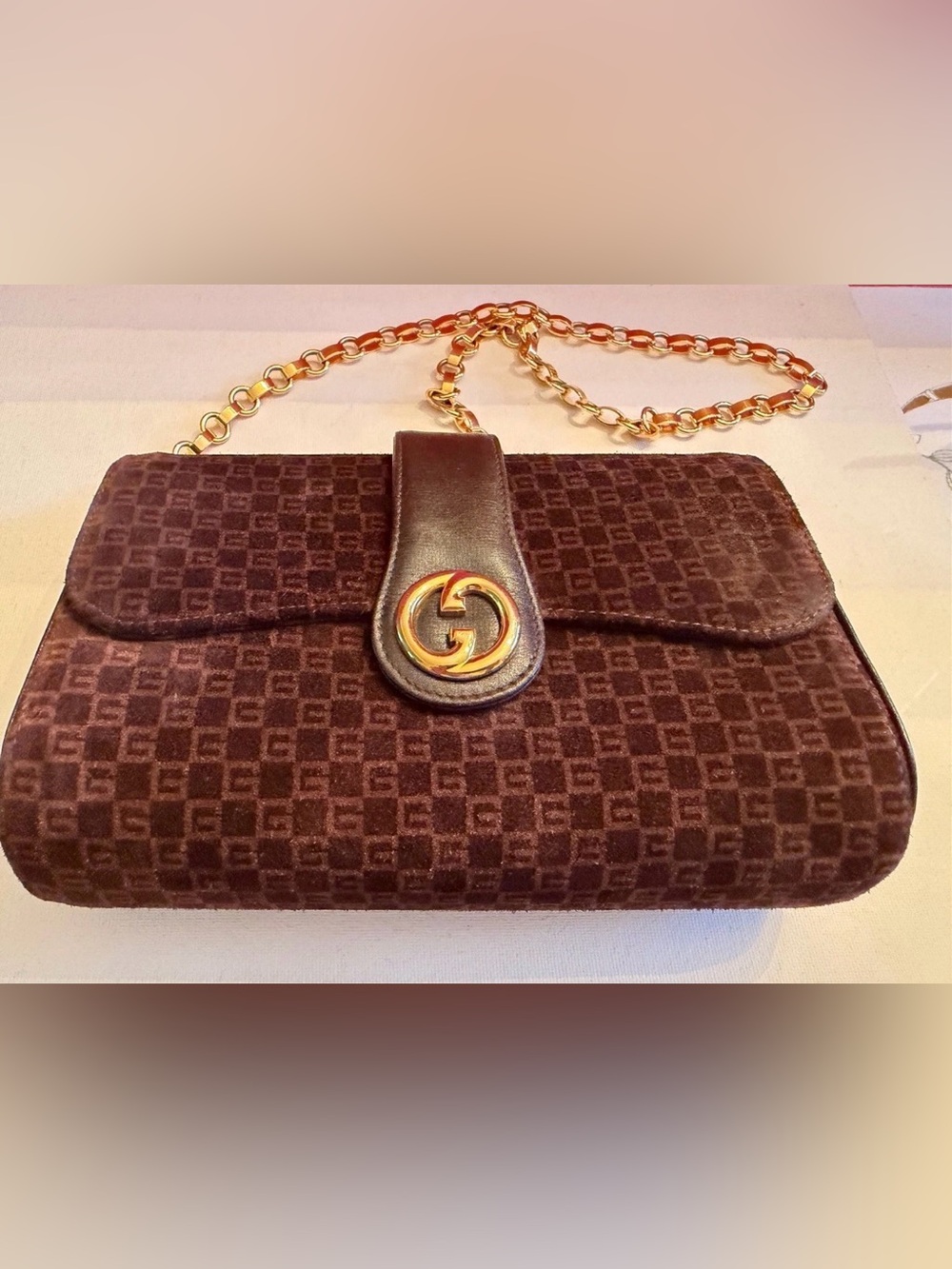 Gucci Dark Brown Suede Velvet GG Monogram Chain Shoulder Bag with Gold Hardware